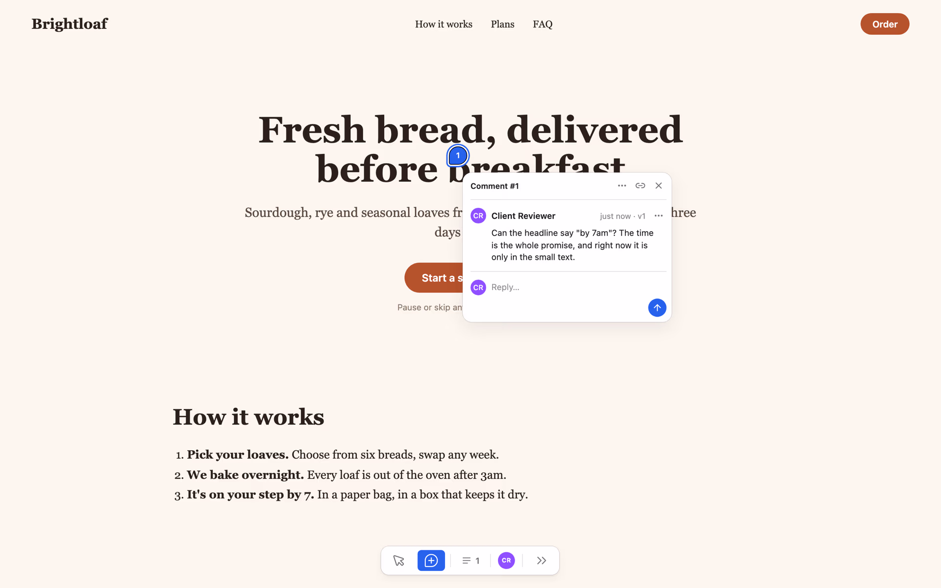 The Brightloaf prototype in LocalCan's review view: a numbered pin on the headline Fresh bread, delivered before breakfast, and its thread card reading Comment 1, Client Reviewer, just now, v1, with the comment about putting 7am in the headline and a Reply box