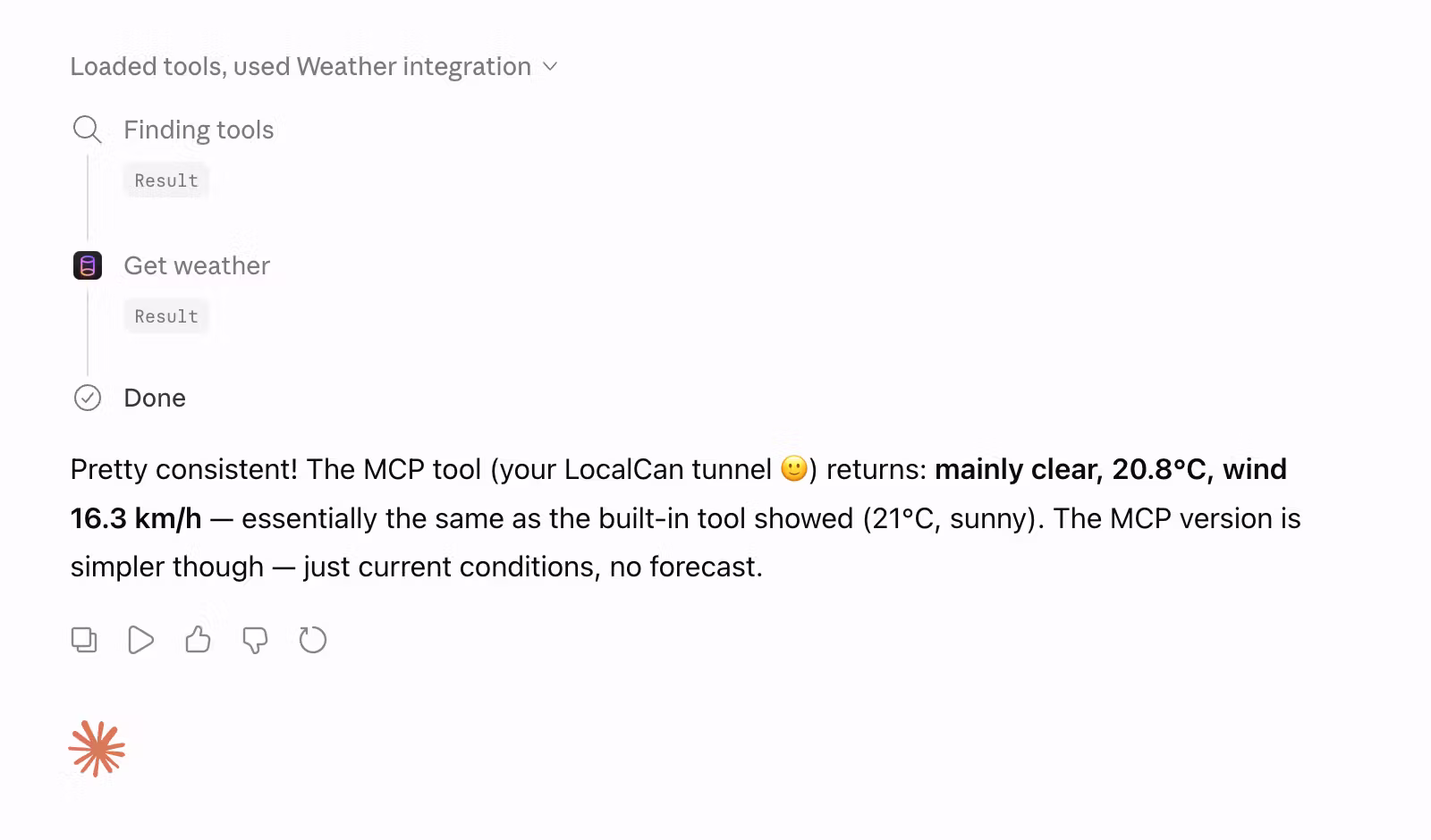Claude calling the authenticated get_weather tool and returning the result