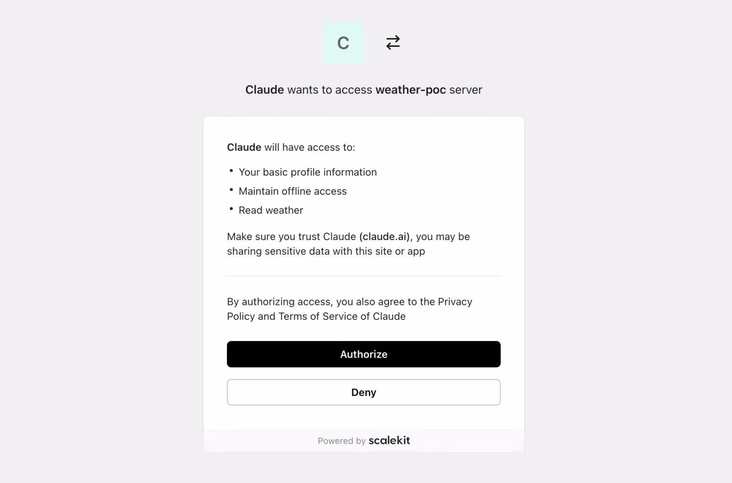 The Scalekit consent screen shown when connecting the MCP server to Claude
