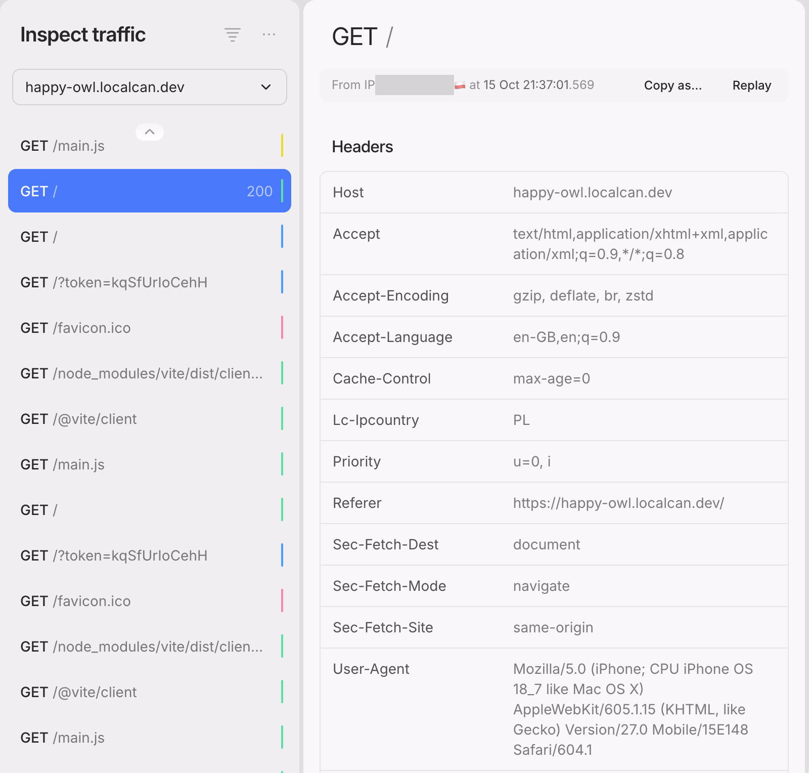 LocalCan's Inspect traffic view filtered to happy-owl.localcan.dev, with GET / selected. The client IP is covered by a gray box, followed by a Polish flag. The headers include Lc-Ipcountry PL and the iPhone's Safari user agent.