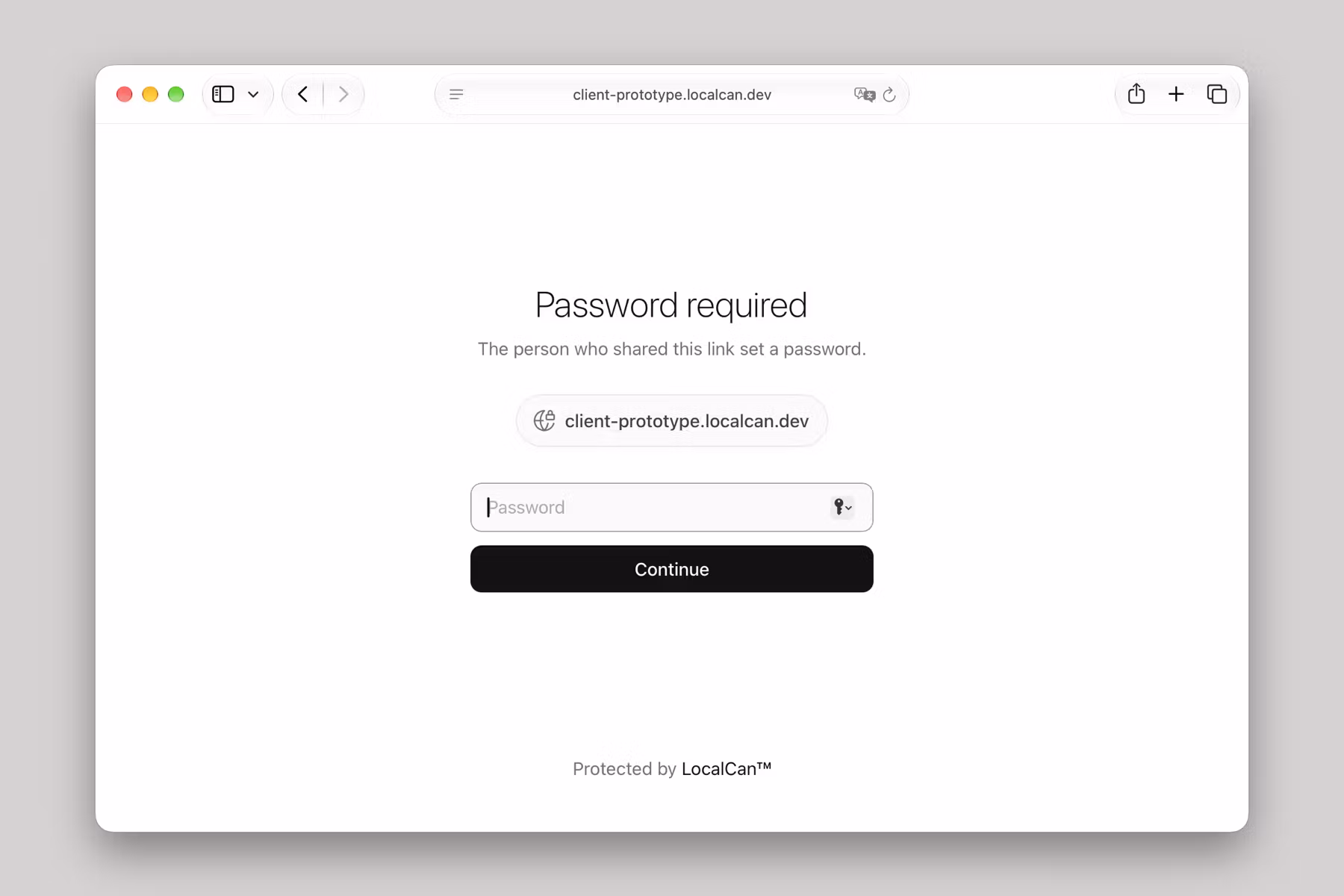 LocalCan's password page for client-prototype.localcan.dev: the heading Password required, the line The person who shared this link set a password, a password field and a Continue button
