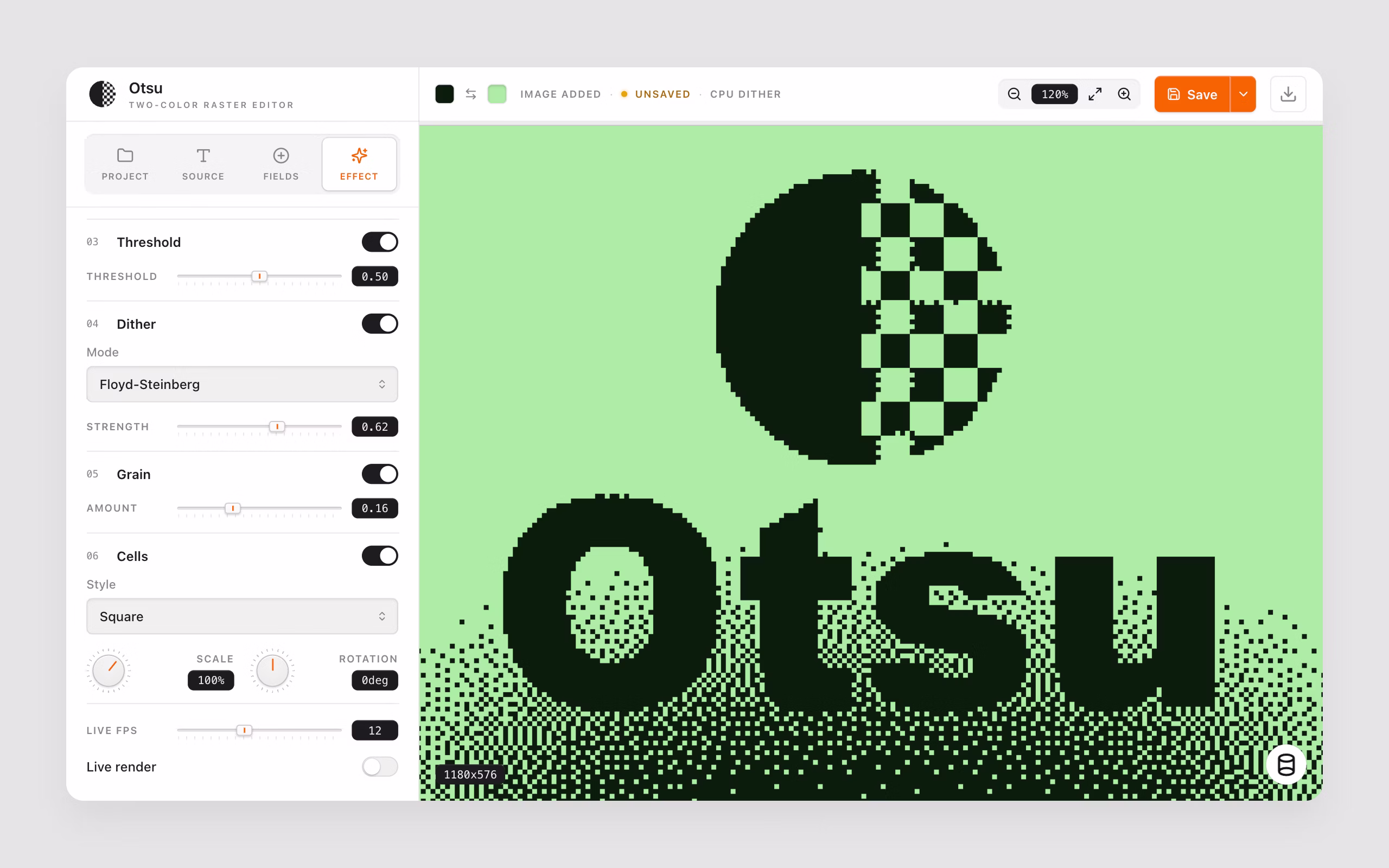 Otsu, a pixel-effect generator, served from an Offline Snapshot at otsu.localcan.dev with the dismissible badge in the corner