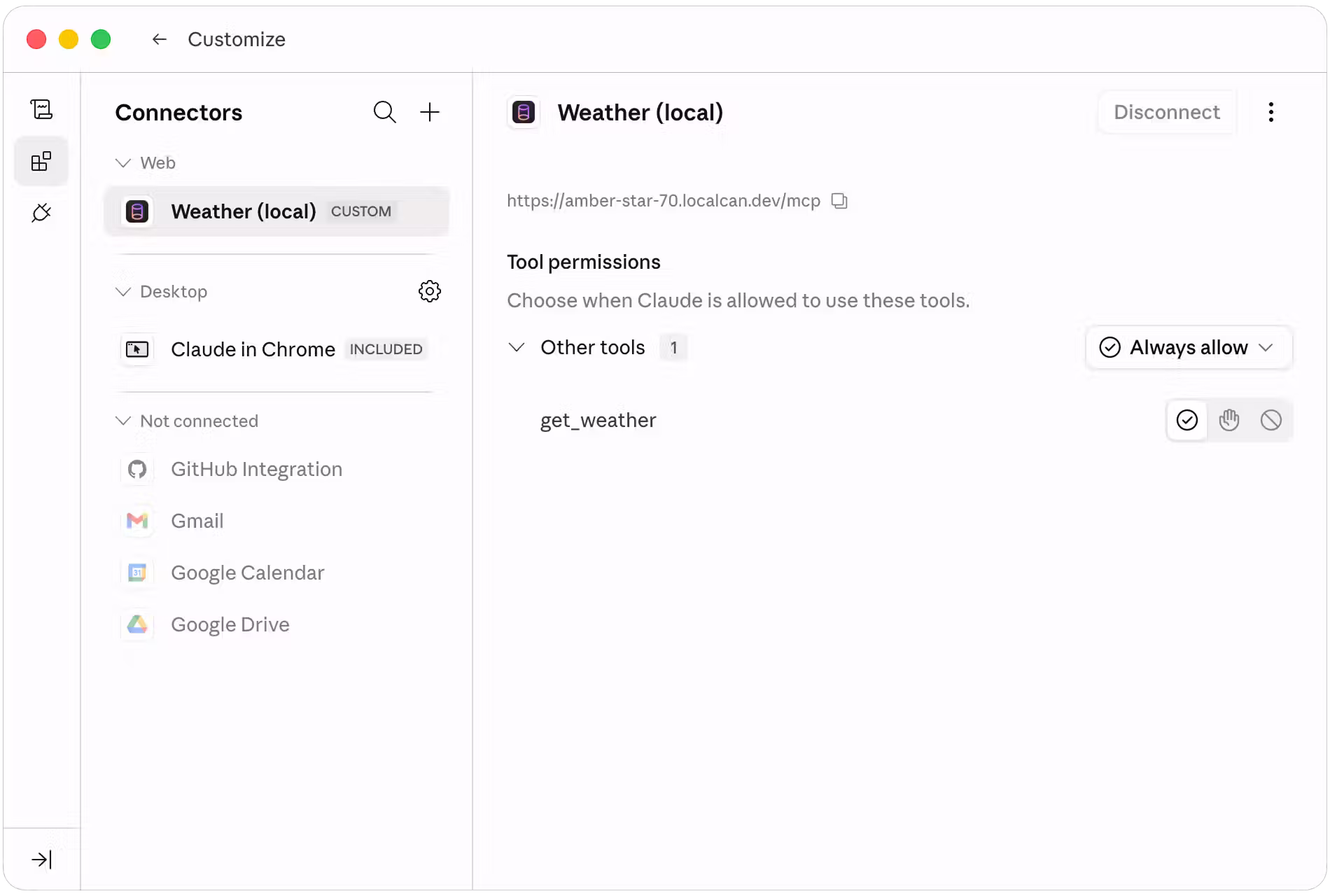 The Weather (local) connector added and connected in Claude Desktop